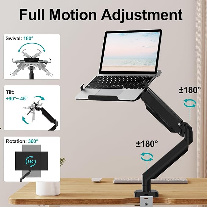 MOUNT PRO Laptop Arm Mount for Desk, 2 in 1 Function Monitor Laptop Stand, Fits Max 17" Notebook and 32" Computer Screen, Aluminum Single Monitor Holder with Adjustable Tray, Holds up to 19.8lbs