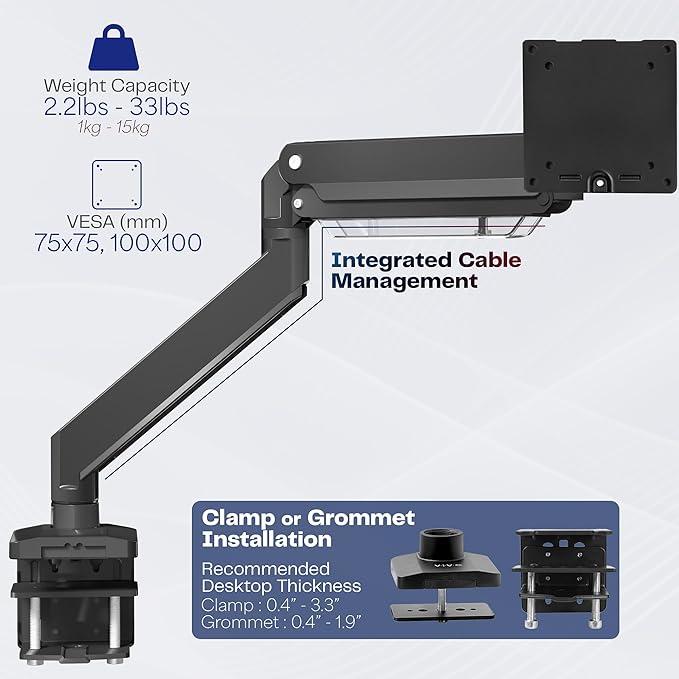 VIVO Premium Aluminum Monitor Arm for Ultrawide Screens up to 49 inches and 33 lbs, Heavy Duty Single Desk Mount, Pneumatic Height, Max VESA 100x100, Black, STAND-V101G1