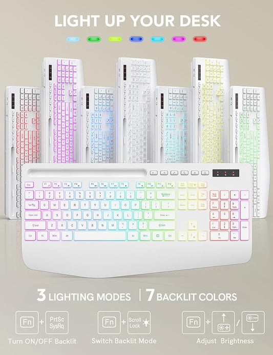 Wireless Keyboard and Mouse Backlits, Wrist Rest, LED Mouse, Rechargeable Ergonomic Keyboard with Phone Holder, Silent Light Up Combo for Computer, Mac, PC, Laptop, Chromebook (White)