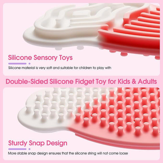 Fidget Toys Sensory Activity Board, Silicone Sensory Toys for Stress Anxiety Autistic ADHD Calming, Kids 3+ & Adults, Travel Bag & 12 Strings, Rainbow (Pink)