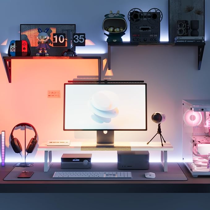 TEAMIX Dual Monitor Riser with Metal Leg, 31.5 inch Long Monitor Stand Riser Wide TV Stand Riser White Monitor Stand for 2 Monitors Wood & Steel Desktop Riser for Home Office Desk Organization