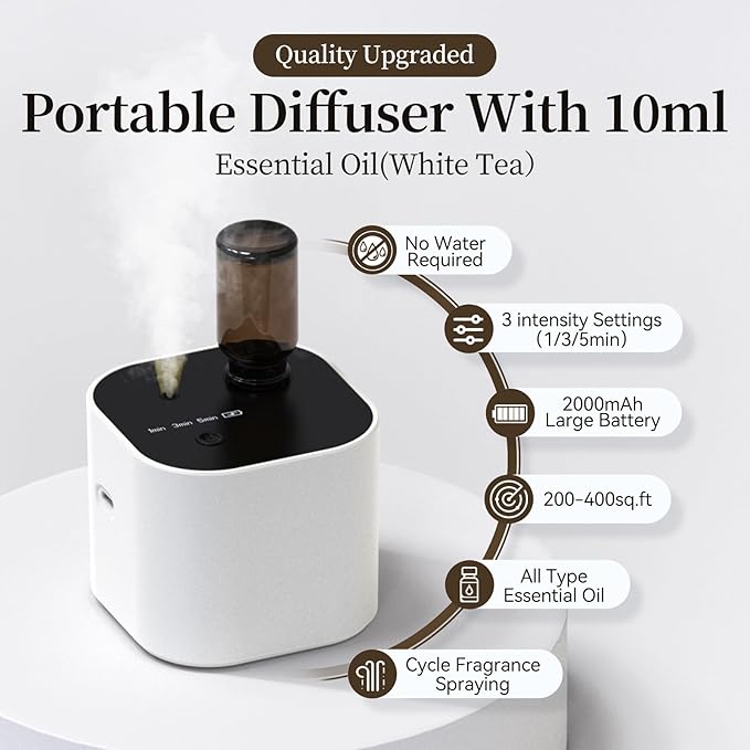 Waterless Essential Oil Diffuser Scent Diffuser with Battery Operated,Cycle Star,3 Mist Modes,Cordless Diffusers for 400 sq.ft Home Bedroom Office Desk,Includes 30ml Oil,White