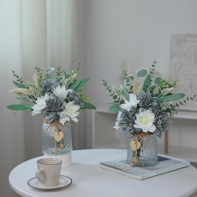 Faux Flowers with Vase,Artificial Silk Flowers in Vase, Fake Plant Eucalyptus and Willow,Flower Arrangement for Home Farmhouse kitchen Dining Table Centerpiece Decorations Table Decor (Grey Blue)