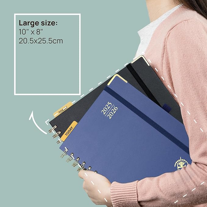 POPRUN Monthly Planner 2025-2026 Spiral Hardcover (8'' x 10''), 18 Months Calendar (Jul.2025 - Dec.2026)- 2 Pages per Month with Dotted Note Pages, Sunday Start, Laminated Tab - Midnight Green