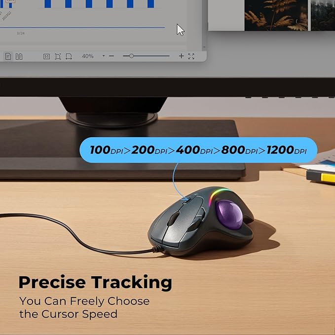 Wired Trackball Mouse with RGB Lighting, Ergonomic Thumb Control to Reduce Muscle Strain, 5 Adjustable DPI, Dual USB-C & USB-A Connectivity, Compatible with PC, Laptop, Mac, Windows-Purple