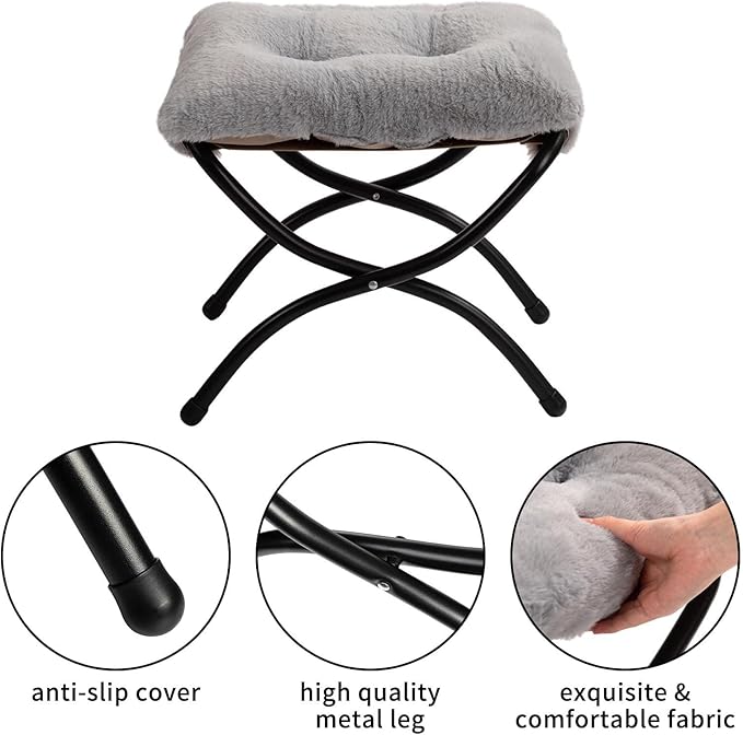 HollyHOME 15"(H) Folding Footrest Stool, Upholstered Small Foldable Ottoman, Accent Padded Sofa Foot Stool for Lazy Chair, Metal Frame Portable Foot Rest Ottoman for Home, Living Room, Bedroom, Grey