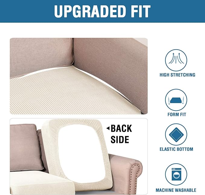 H.VERSAILTEX Super Stretch Individual Seat Cushion Covers Sofa Covers Couch Covers Slipcover Sets Thick Jacquard Textured Twill Fabric (2 Piece Large Sofa Cushion Covers, Natural)