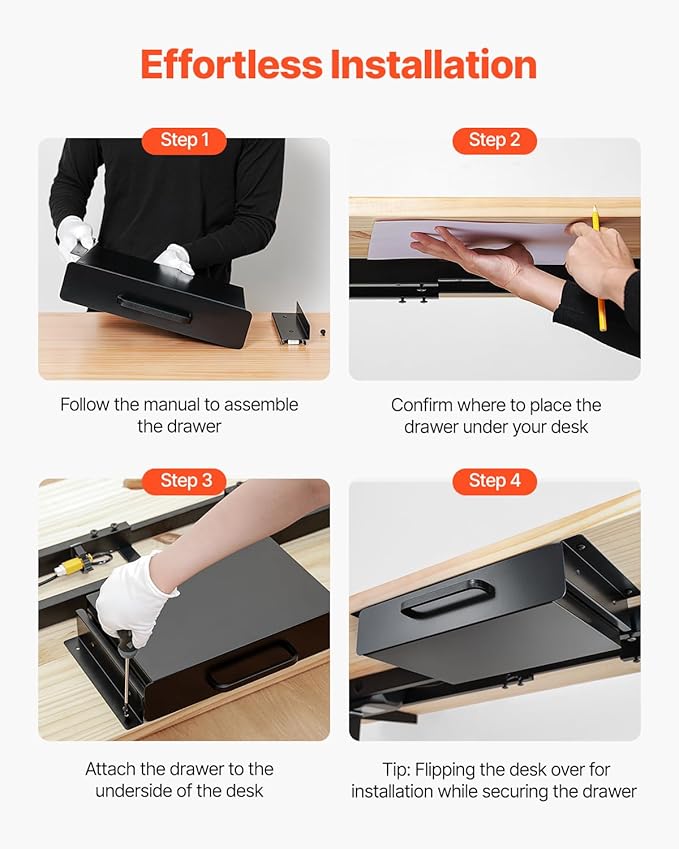 VEVOR Under Desk Drawer Slide Out, 13 inch Attachable Desk Drawer for Sit Stand Workstation, Hidden Under Counter Drawers for office Home, Black