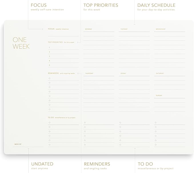 One Week - Elegant Undated Weekly Desk Planner, Gold Foiled, A4, Minimalist Weekly To Do List Notepad, Daily Schedule, Work Week Planner Pad, Eco-friendly, FSC™ Certified
