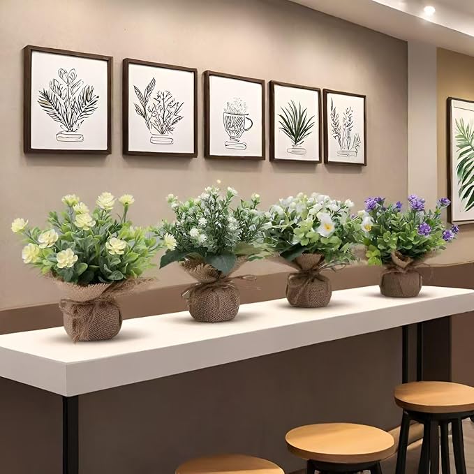 Artificial Flower Decoration mini Fake Plants Indoor Cute Small Faux Eucalyptus for House Home Living Room Bathroom Table Desk Office Hotel Spring Decor 4 Kinds of Flowers