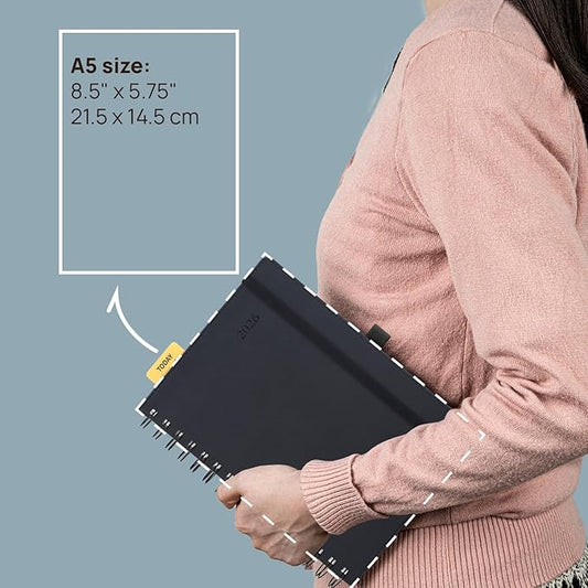 POPRUN 2026 Daily Planner One Page per Day (Medium 6'' x 8.5'') - 12 Months Calendar Appointment Book with Hourly Slots, Inner Pocket, Monthly Tabs, Pen Holder - Pacific Green