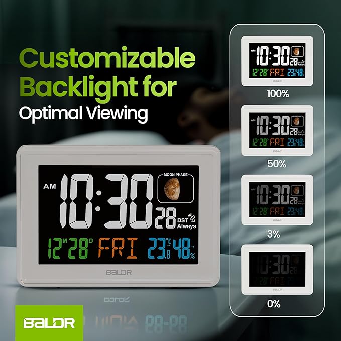 BALDR Atomic Clocks for Bedrooms Digital Large Display - White - Desk Clock with Temperature Indoor and Humidity, Night Stand Clock, Moon Phase Clock, Alarm Clocks for Living Room, Digital Clock Wall
