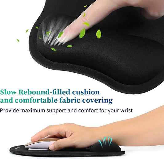 Mouse Pad with Wrist Support, Ergonomic Mouse Mat with Non-Slip PU Base, Pain Relief Memory Foam Mousepad for Office & Home, Black