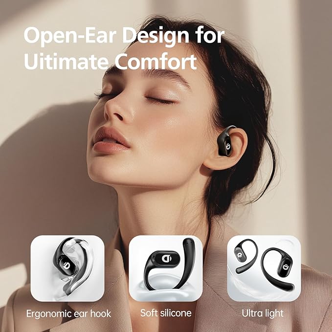 Open Ear Headphones with 35 Hours Playtime, True Wireless Air Conduction Earbuds Featuring Ear Hooks, Bluetooth 5.3, IPX6 Waterproof Design, Comfortable and Secure Fit for Sports - Black