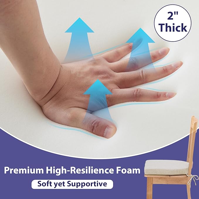 Chair Cushions for Dining Chairs with Ties and Removable Cover, Dining Kitchen Chair Pads with Non-Slip Bottom, High-Resilience Indoor Seat Cushions, 16'' x 16'' x 2'', Set of 2, Beige