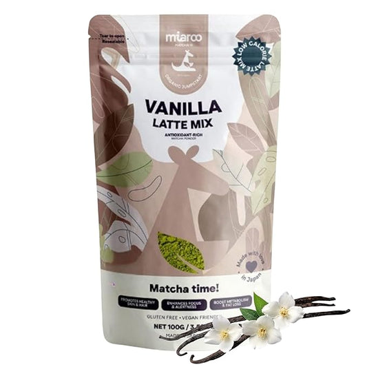 Miaroo Vanilla Matcha Latte Powder 100g | Sweetened Japanese Green Tea with Natural Vanilla Flavor | Non-Dairy, 5g Sugar, 30mg Caffeine | Hot & Iced Lattes