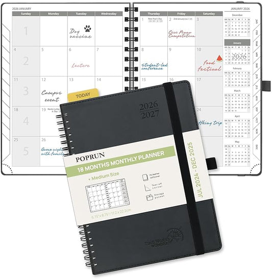 POPRUN Monthly Planner 2026-2027 (Medium 6.5" x 8.5") 18 Months Calendar (Jan 2026 - Jun 2027) - 4 Pages per Month with Expense & Notes, Stair-like tabs, Leather Cover, Sunday Starts - Black