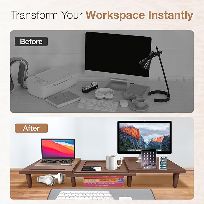 Dual Monitor Stand Riser - Solid Wood 3 Panels Laptop Riser with Storage for Phone/Mug - Home/Office Desk Organizer with Adjustable Length & Angle - Modern Computer Stand for PC, Laptop, & more (Brown)