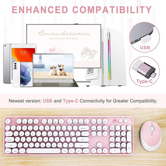 Wireless Keyboard and Mouse Combo, Ergonomic Full Size Typewriter Retro Round Keycaps Keyboard, Compatible with Windows, PC, Perfer for Home and Office Keyboards (Lovely Pink)