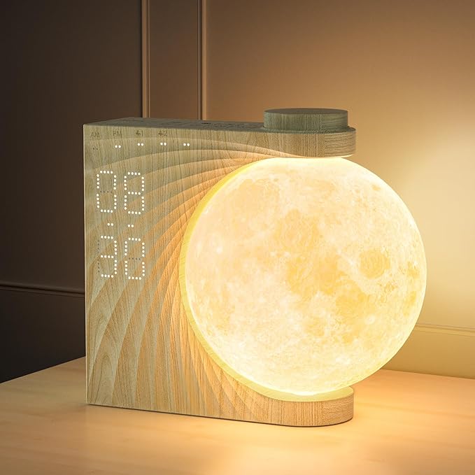 Rotating Moonlight Alarm Clock for Heavy Sleepers - Sunrise Simulation Wake-Up Light, Snooze, 10 Light Effects, 30/60/90 Timer, 10 Nature Sounds & 15 Ringtones,12 Volume- Bedroom Lamp for Kids Adults