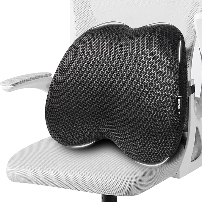 Lumbar Support Pillow Office Chair Car Back Pillow, Ergonomic Lower Back Pain Relief Breathable Air Fiber Cushion for Long Sitting Worker Driver & Handicapped, Adjustable Strap (Dark Grey)