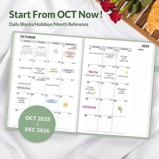 SUNEE 2026 Weekly & Monthly Hardcover Planner 5.5" x 8.3" - 12 Month (January 2026 - December 2026), Small Hardcover Planner, Pocket, Notes, 100 GSM Paper, Sage Green