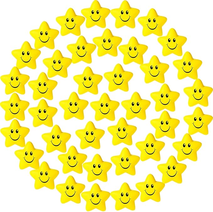 Kasyat 48 Pieces Star Stress Balls Bulk for Kids Mini Smile Face Stress Balls Relief Toys for School Carnival Reward Student Prizes Party Favors Hand Exercise(Yellow)
