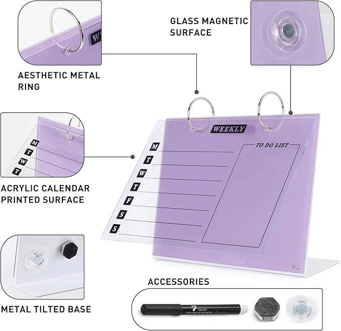 Desktop Glass Dry Erase & Acrylic Aesthetic Desk Calendar Weekly To-do List Combo, Small Magnetic Standing Whiteboard, Desk Flip Easel Calendar with Accessories for Home Office Supply, Purple, 9 x 7''
