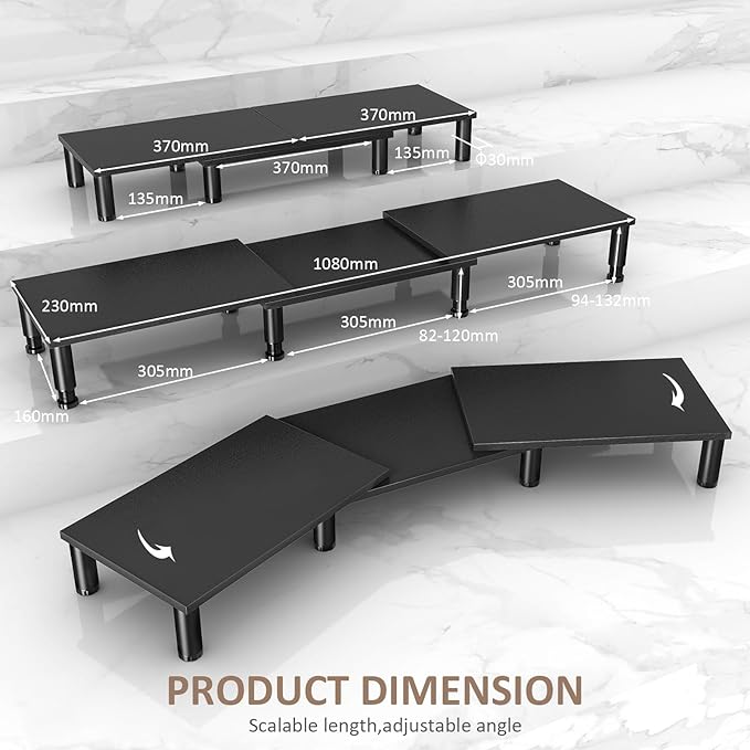 AX WABER Dual Monitor Stand Riser, Monitor Stand with Adjustable Height Steel leg, Wood Monitor Stand for Desk, Monitor Riser for 2 Monitors with Storage Space Black