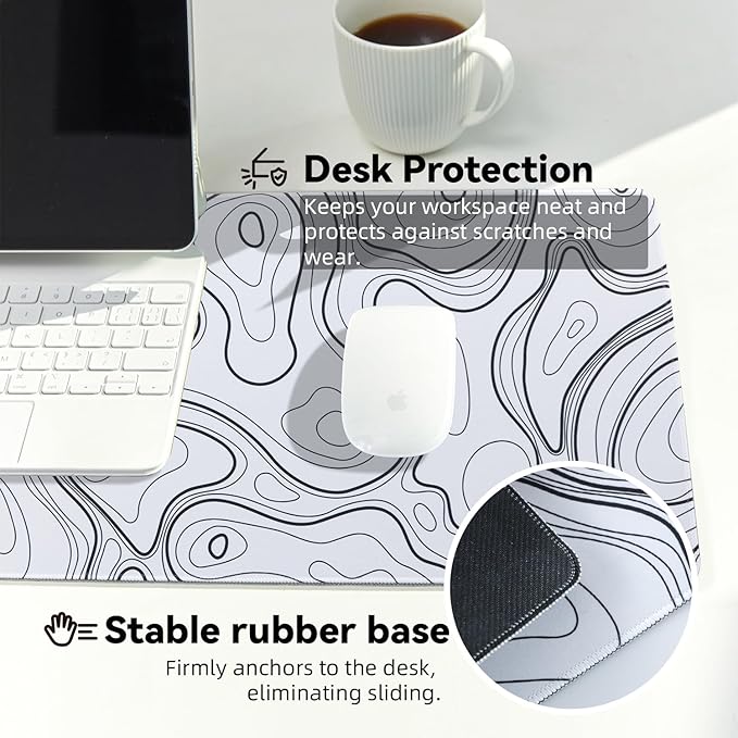 Waterproof Large Gaming Mouse Pad with Durable Stitched Edges, Non-Slip Rubber Base, Smooth Surface Mouse Mat Desk Pad for Home Office Gaming, 31.5"x11.8"x0.12", White Topographic Map