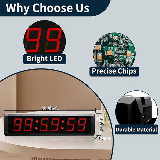 Large Digital Wall Clock with Remote Control, LED Stopwatch Timer, Countdown,Count Up, 12/24 Hour Switchable Time Clock for Home Gym Living Room Office Garage Decor (Red,16.3" x 3.9")