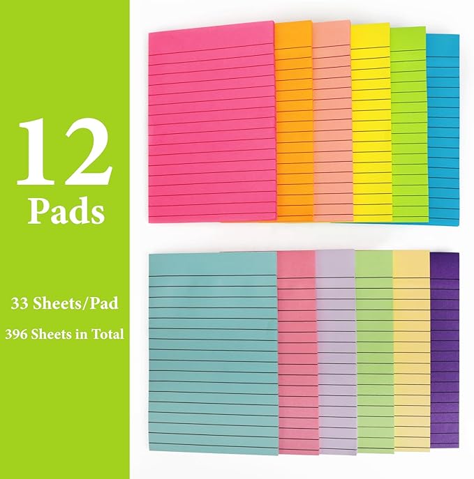 12 Pads Lined Sticky Notes 4x6 Sticky Notes with Lines Self-Stick Note Pads 12 Bright Multi Colors Big Rectangular Sticky Note for Office,Home,School, Meeting, 33 Sheet/Pad