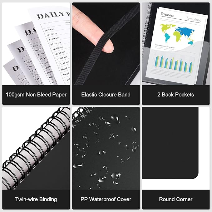 Planner Undated, Asten Daily Planner Agenda with To Do List, Hourly Schedules for Women and Men, Spiral Appointment Book with Elastic Closure, Inner Pocket 8.5" x 11" (Black)