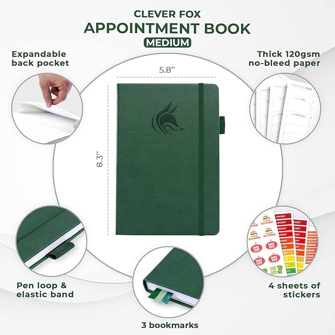 Clever Fox Appointment Book – Hourly Schedule Planner with Time Slots – Time Box Planner for Daily Work & To-Dos – Weekly & Monthly Spreads, Undated, Hardcover, A5 Size (Dark Green)