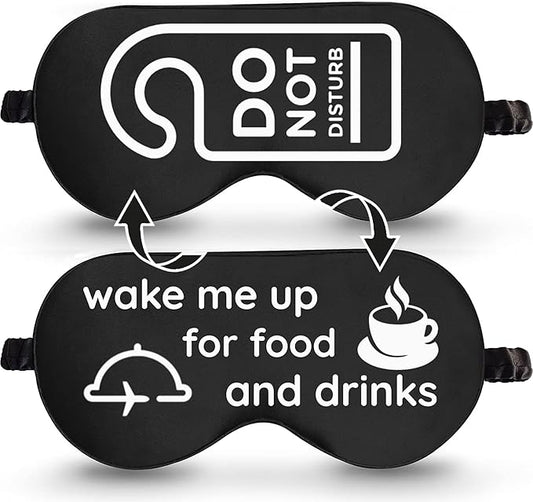 VITYA Black Do Not Disturb/Wake Me Up Double-Sided Silk Sleep Mask for Women/Men | Sleep Mask Light Blocking | Soft Breathable Sleep Eye Mask for Traveling on Airplane | Eye Mask with Elastic Strap