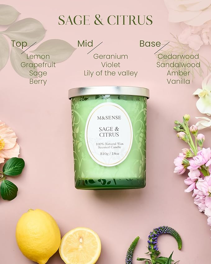 M&SENSE Sage Citrus Scented Candle, Wooden Wick Candle, 100 Hours Slow Burning Natural No Toxin Soy Wax 18oz, Stress Relief Relaxing Meditation Home Fragrance,Housewarming Gifts for Men Women