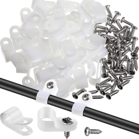Hicarer 50 Pack R-Type Cable Clip Wire Clamp, Nylon Screw Mounting Cord Fastener Clips with 50 Pack Screws for Wire Management (White,3/8inch)