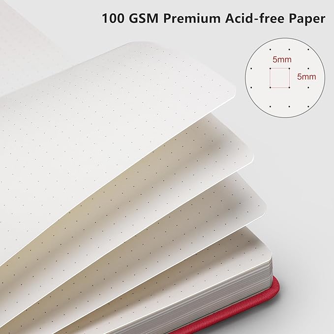 RETTACY Bullet Dotted Journal Notebook, 320 Numbered Pages, A5 Medium Size (5.7'' × 8.3''), Leather Hardcover, 100 GSM Thick Paper, for Bullet Journaling, Planning, Tracking (Red)