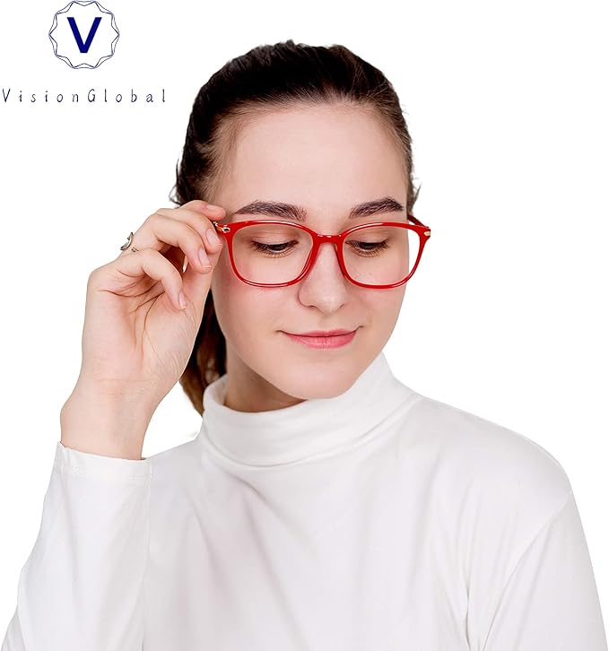 VisionGlobal Blue Light Blocking Glasses for Women, Anti Eyestrain, Computer Reading, TV Glasses, Stylish Square Frame, Anti Glare(Red,+5.75 Magnification)
