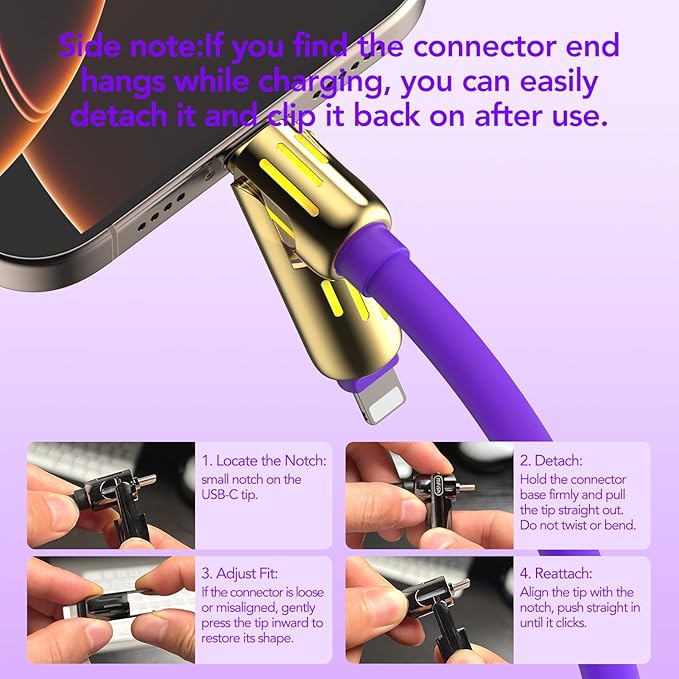 MFish 4-in-1 Universal USB Charging Cable with Carrying Case – 240W Max Fast Charger Cord, USB-A, Dual USB-C & Lighting, for iPhone 14/15/16/17 Series, iPad & MacBook and More (Purple Color, 6.6Ft)