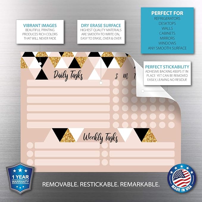 Dry Erase Whiteboard Task Planner | Removable and Restickable Adhesive Decal | Fine-Tip Magnetic Marker Included (9 x 12 inches, Triangles)