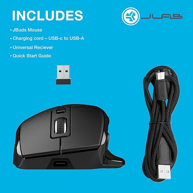 JLab JBuds Wireless Mouse, Connect Via Bluetooth or USB Wireless Dongle, Multi-Device Toggle, Up to Three Devices, Custom User Profiles, Adjustable Tracking, Full-Size, Rechargeable, (1 Pack)