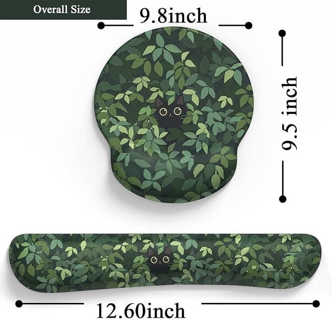 Cute Ergonomic Green Mouse Pad Cat Wrist Support,[ 20% Larger] Wrist Rest Gel Anime Kawaii 3D Green Office Plants Mouse Pads, Keyboards Silicon Wrist Pad,Pain Relief,Game Work Study Home Office.