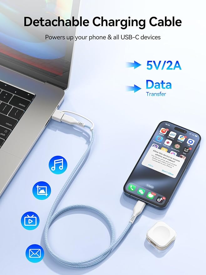 LVFAN Fast Charging USB C & USB A iWatch Charger Cable, Detachable Wireless Travel Charger for Apple Watch Series 10 9 8 7 6 5 4 3 SE Ultra 2, Nylon Braided Cord