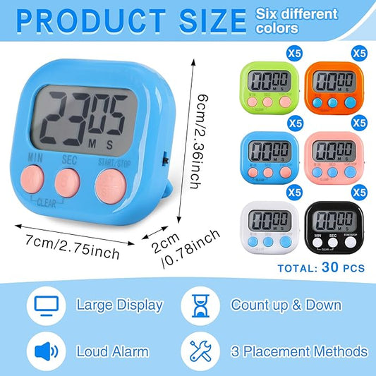 30 Pcs Digital Kitchen Timer Bulk, Magnetic Timers for Classroom, LCD Display, Loud Alarm, Electronic Minute Second Clock Timer for Teacher, Exercise, Cooking, Baking(6 Colors)