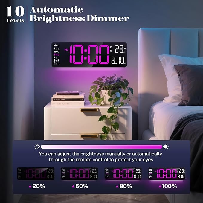 16" Large Digital Clock, Digital Wall Clocks with Remote Control, Led Wall Clock with Date, Week, Alarm, Temperature, Night Light for Living Room, Bedroom, Gym, Classroom, Office(Rose Red)