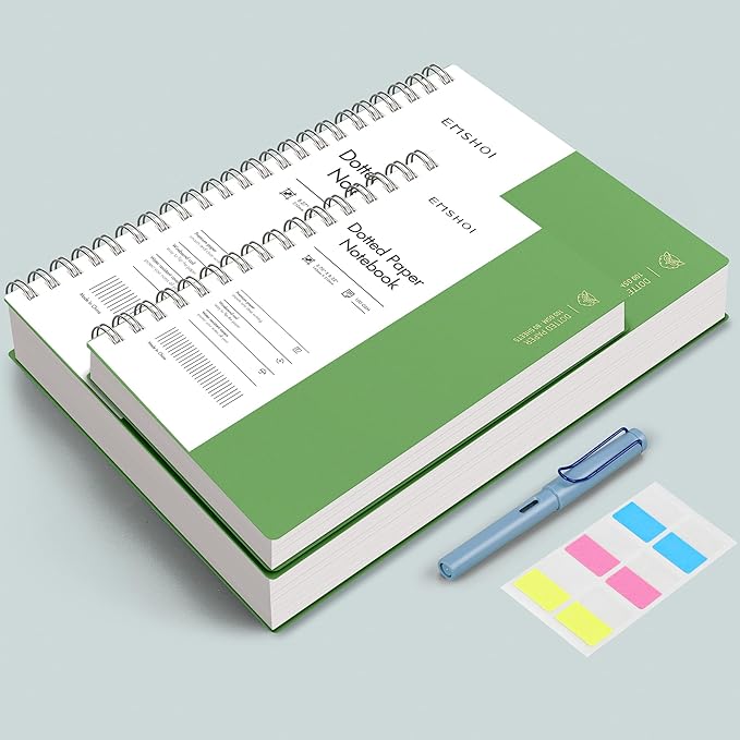 EMSHOI A4 Spiral Notebook Bullet Dotted journal, 11.2" X 8.27", 300 Pages/150 Sheets, 100gsm Dot Grid Paper, Waterproof Softcover, Twin-Wire Binding, for School Work Writing Note Taking-Green