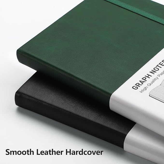RETTACY Graph Grid Paper Notebook, 2-Pack, 192 Pages per Pack, A5 Medium Size (5.7'' x 8.3''), Leather Hardcover, 100 GSM Thick Paper, for School, Students, Math, Engineering (Black & Dark Green)