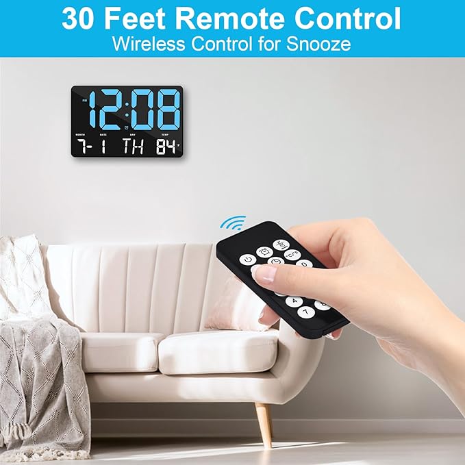 Amgico Digital Alarm Clock with Snooze, Temperature, Auto Dimming, 11.5" Large Display Calendar, Desk/Wall Clock for Bedroom, Living Room, Office, Home, Classroom, Kids, Elderly - Blue