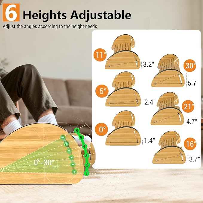 Bamboo Foot Rest for Under Desk at Work - Reversible Rocking Desk Footrest 2-in-1 with 6 Adjustable Heights, Ergonomic Foot Rest Under Desk with Anti-Slip Surface for Home, Office and Gaming